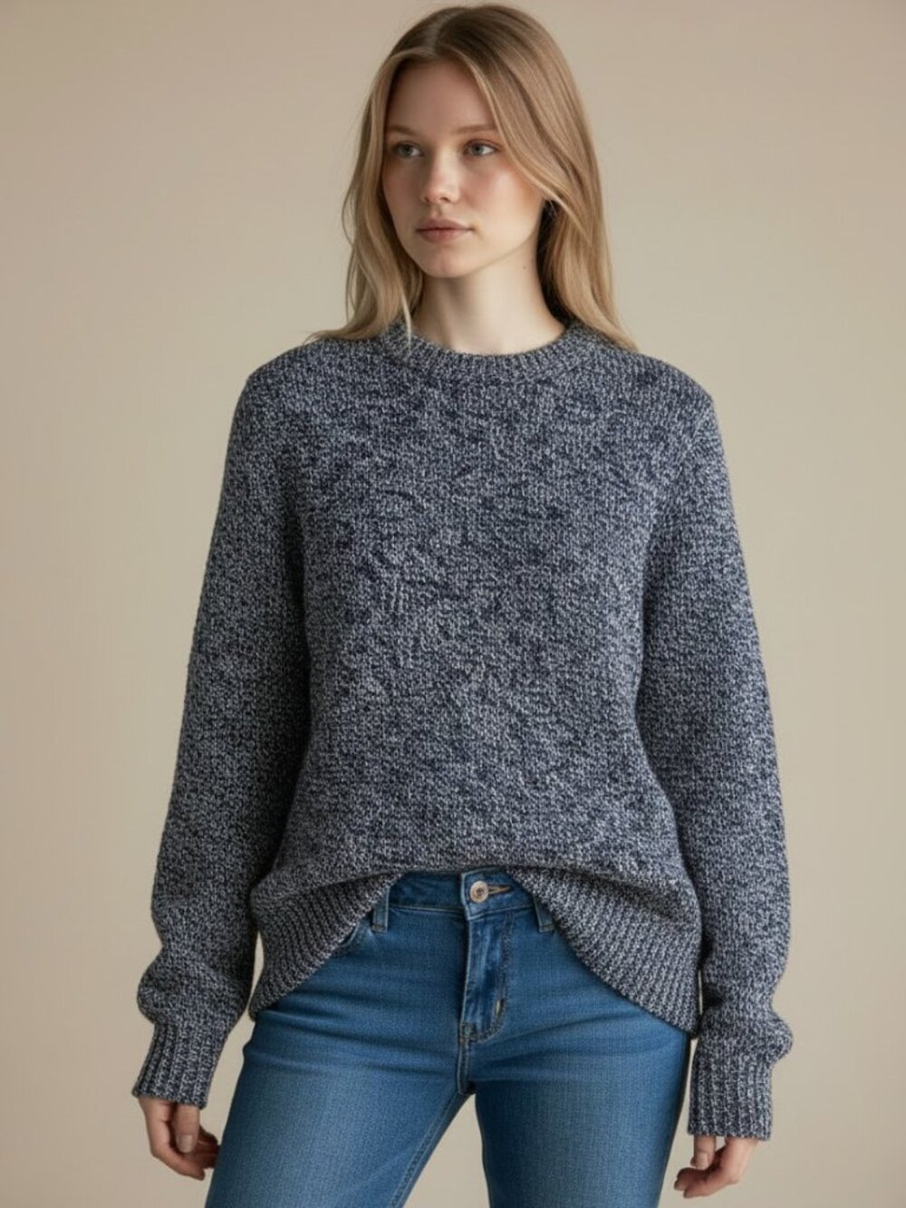L.L. Bean Blue Marled Chunky Knit Sweater L